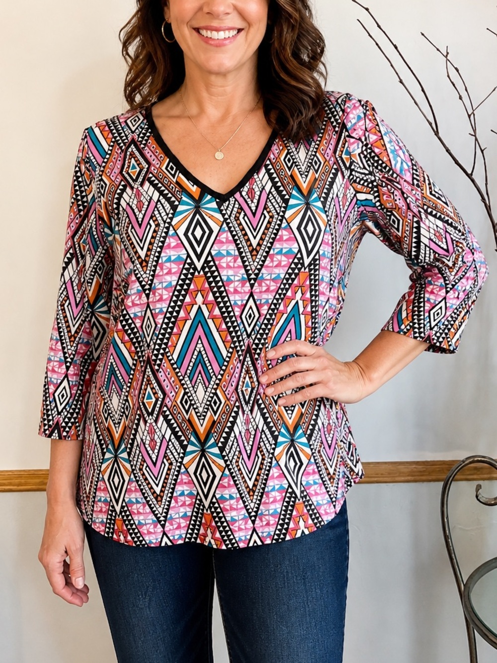 Everly colorful geometric pattern v-neck cutout back blouse Size Small